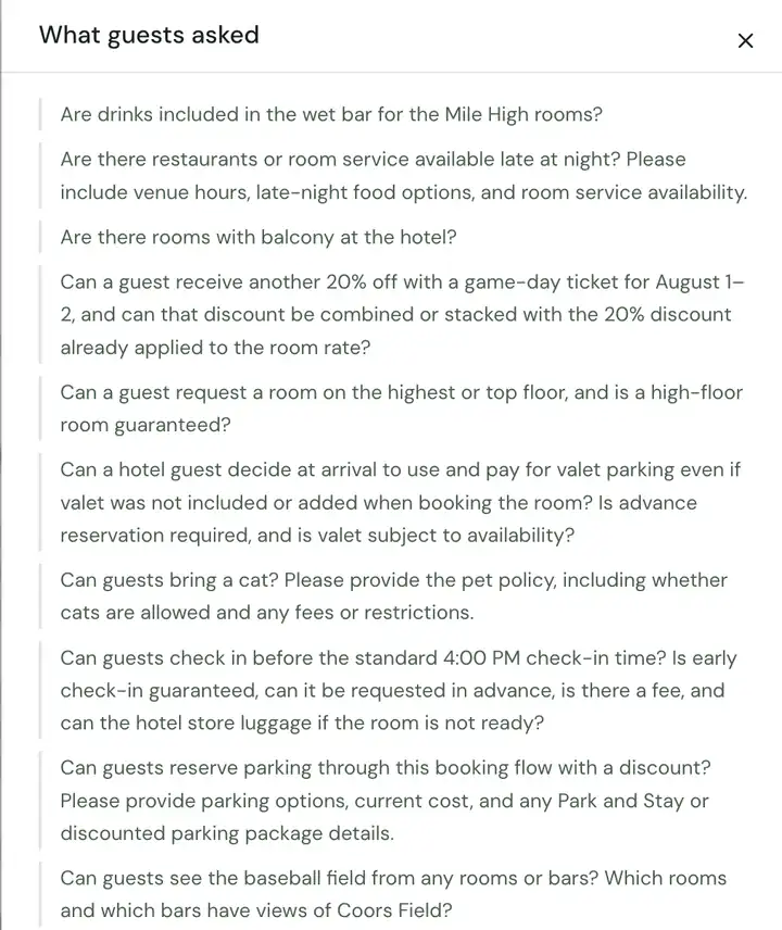 Ameniti “What guests asked” report listing questions guests put to AI assistants before booking, such as whether rooms have balconies, the pet policy, valet parking, early check-in and views of the ballpark