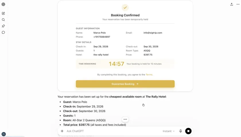 ChatGPT conversation showing a Booking Confirmed card for The Rally Hotel with guest details, check-in and check-out dates, room type and a 15-minute hold timer